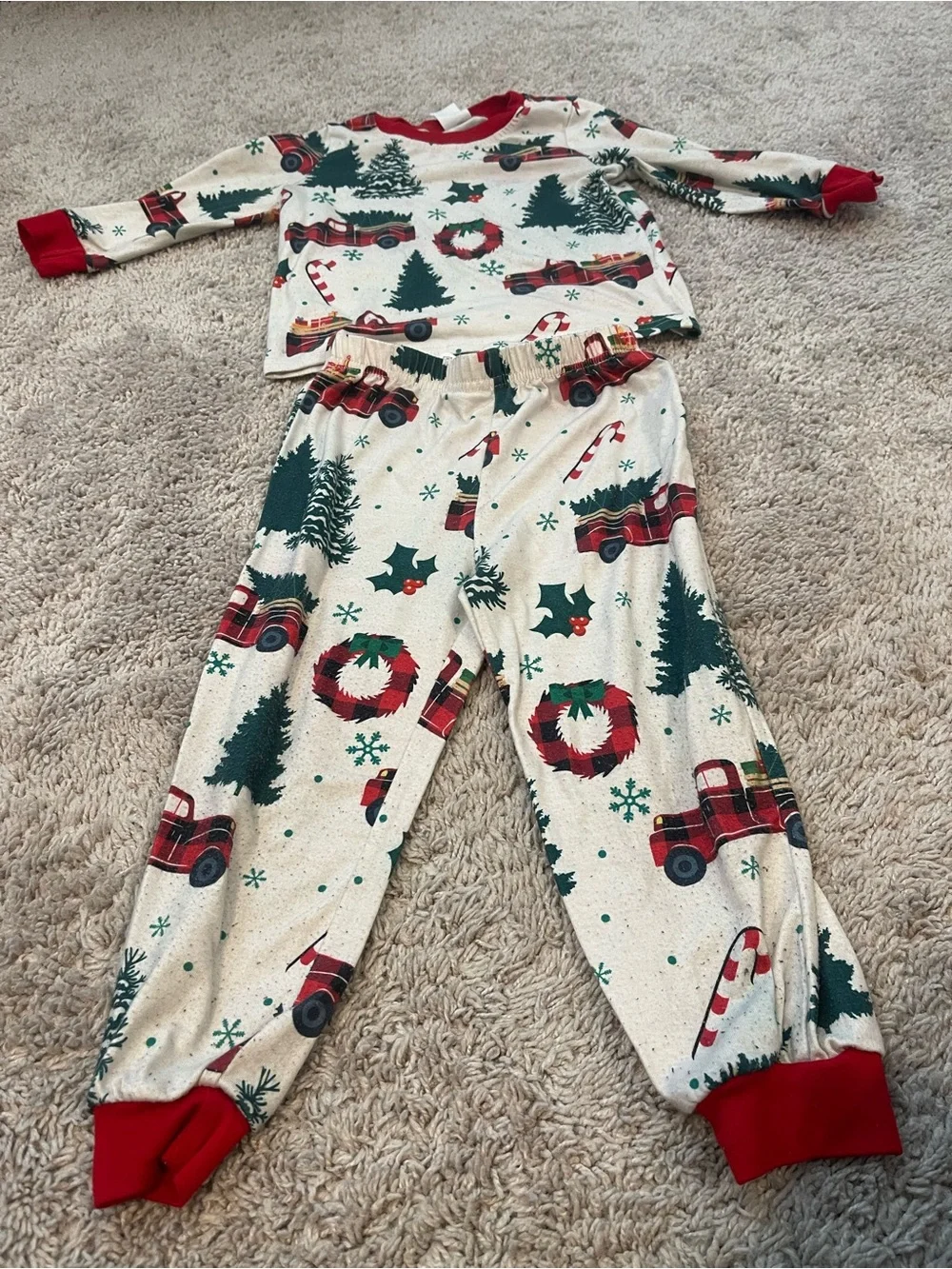 Kids Holiday Pajama Set with Red Truck Print - Red & Green